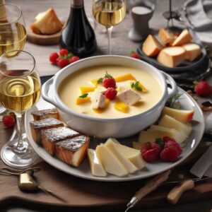 Assiette de fondue savoyarde avec vins blancs assortis