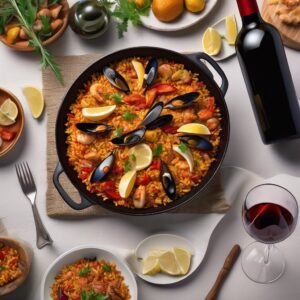 Bouteille de vin rouge et plat de paella