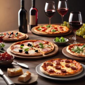 Assortiment de pizzas et verres de vin sur table