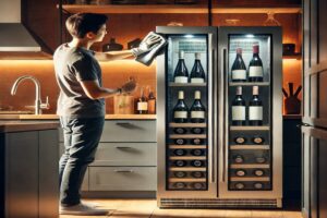 un homme qui prend soin de la vitre de sa cave à vin