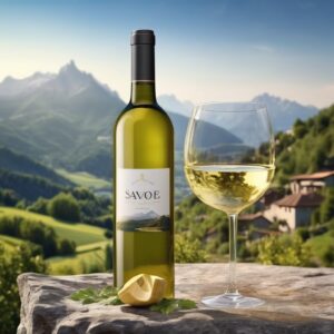 Bouteille de vin blanc de Savoie sur fond montagnard