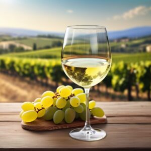 Verre de vin blanc italien sur fond de vignoble
