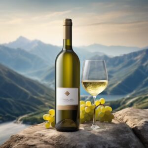 Bouteille de vin blanc savoyard sur fond montagneux