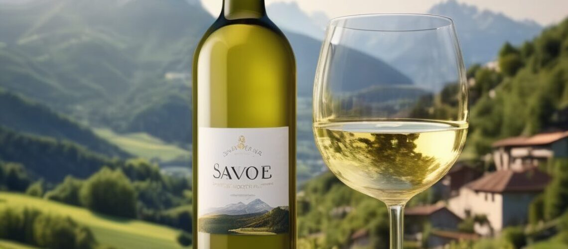 Bouteille de vin blanc de Savoie sur fond montagnard