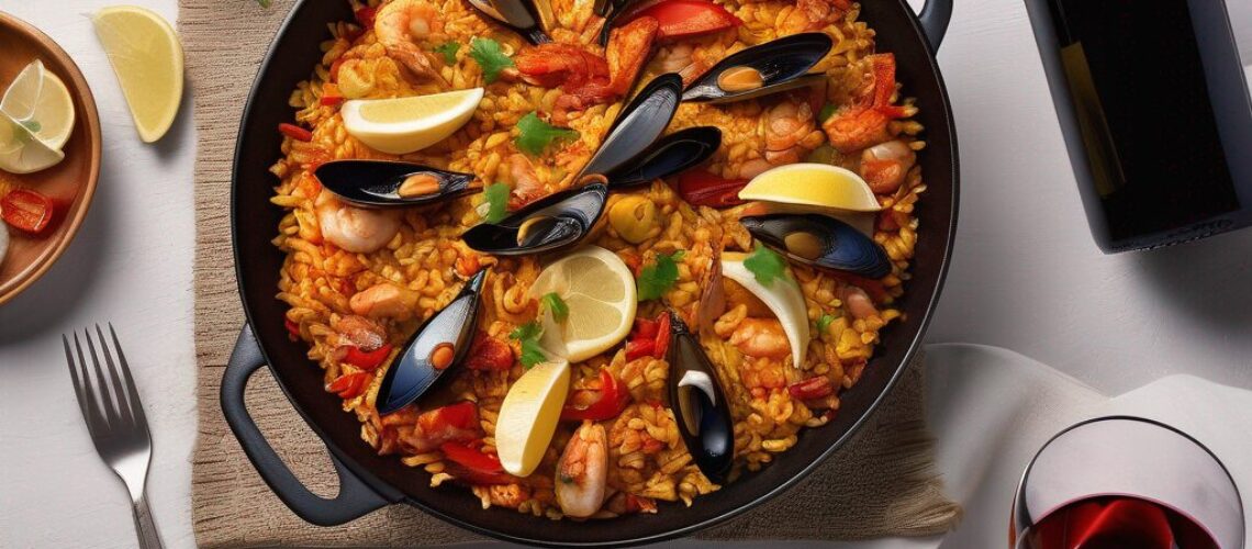 Bouteille de vin rouge et plat de paella