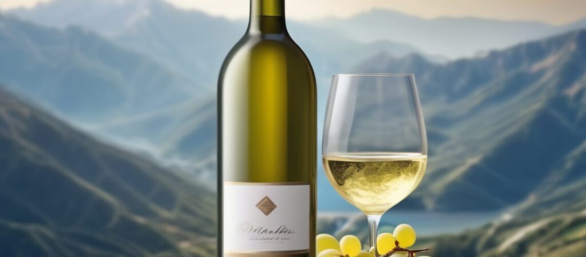 Bouteille de vin blanc savoyard sur fond montagneux