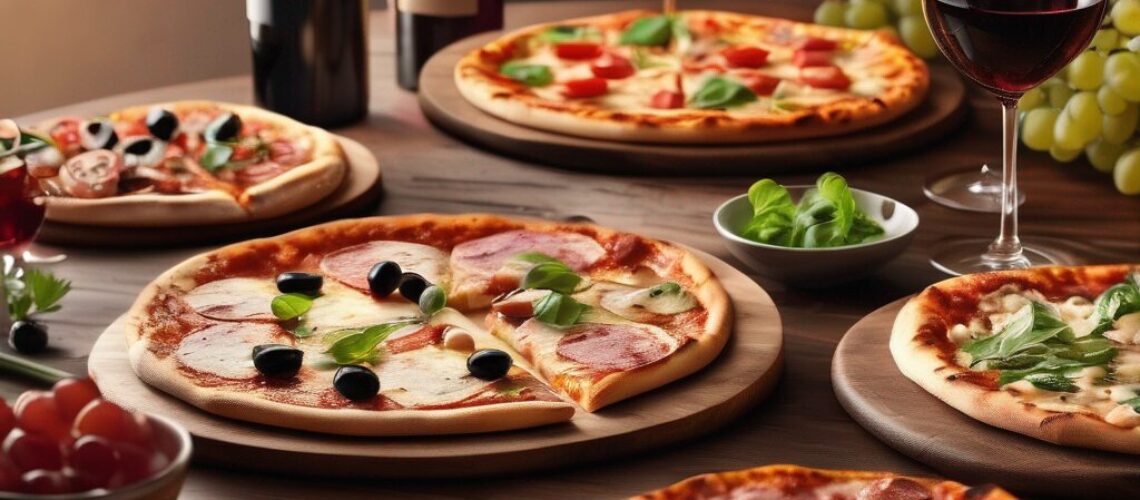 Assortiment de pizzas et verres de vin sur table