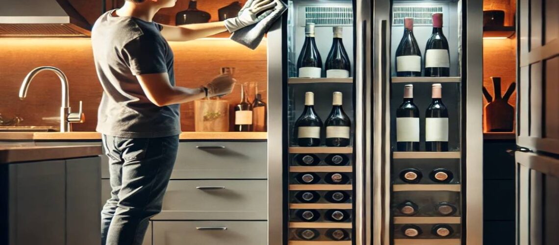 un homme qui prend soin de la vitre de sa cave à vin